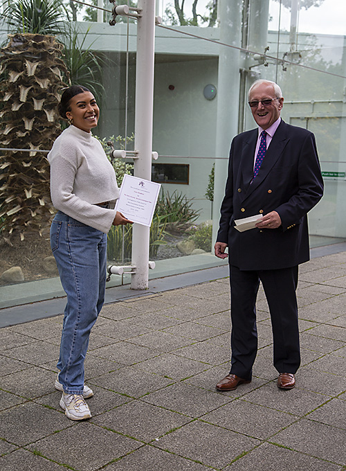 Cara received her award, socially distanced, at Jephson Gardens from Chairman of The Arts Society RLS, Shaun Pitt.